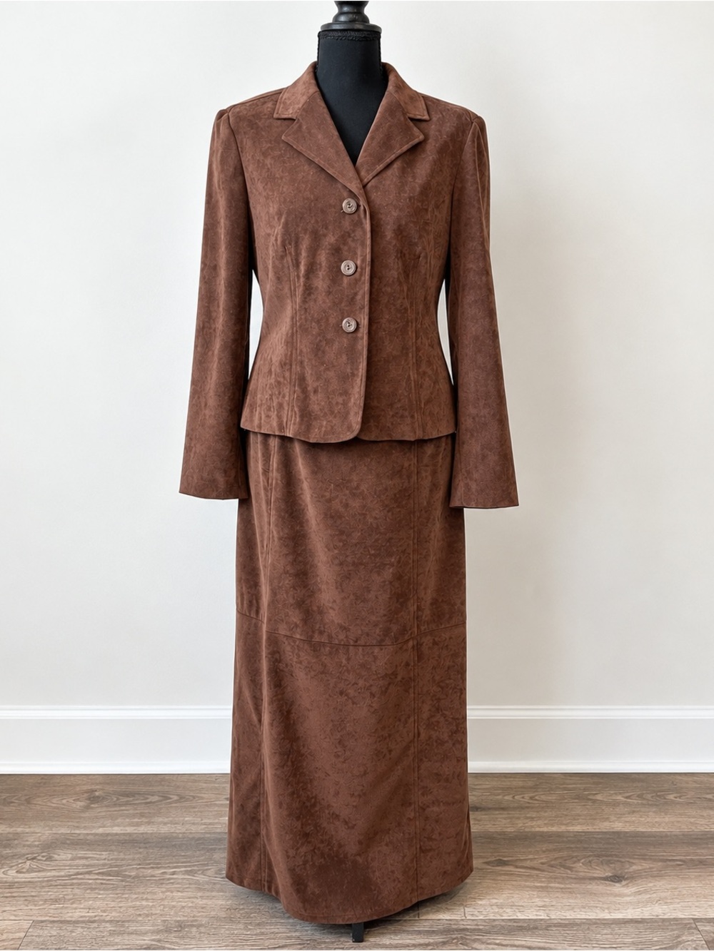 90s Chocolate Brown Faux Suede Skirt Suit Western Boho Office Siren Maxi Size 8